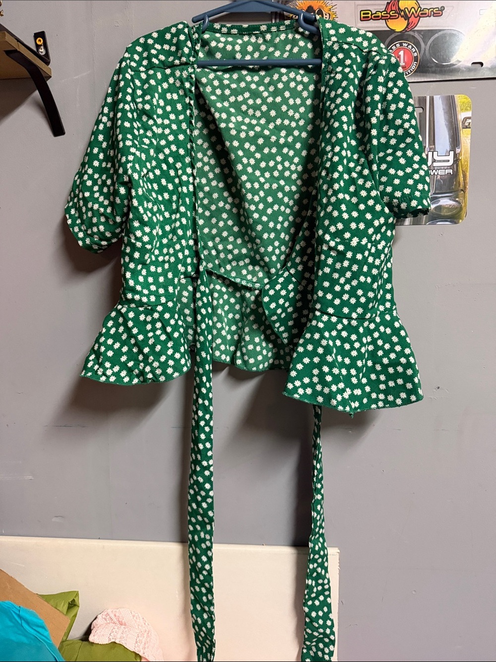 Green Floral Wrap Peplum Top with Tie